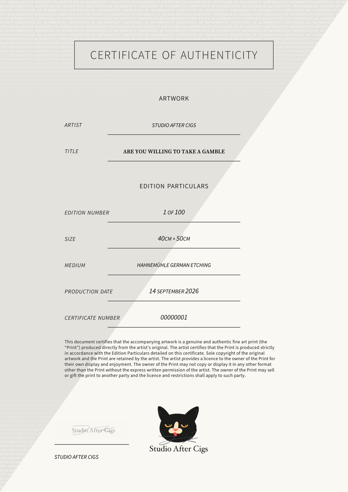 Are You Willing To Take A Gamble — Certificate of Authenticity